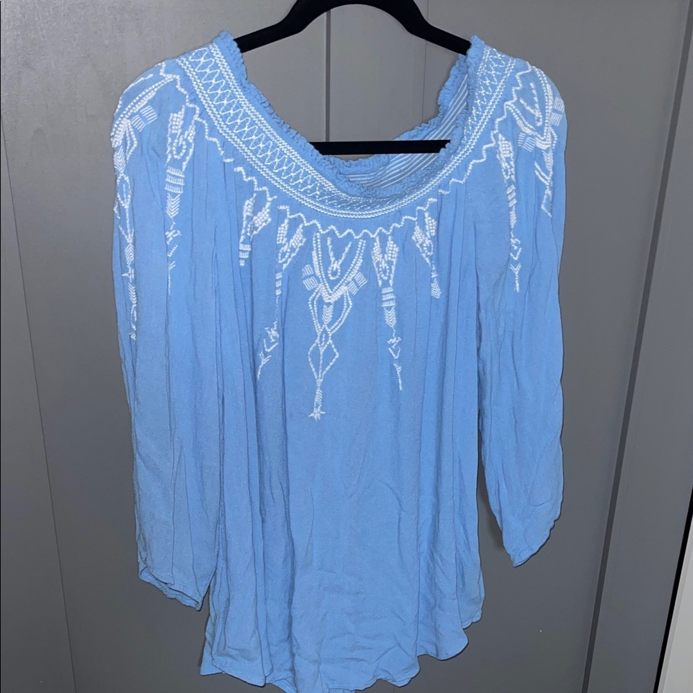 Chic Sky Blue Embroidered Blouse